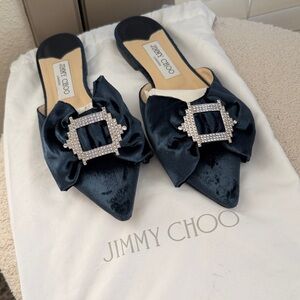 Jimmy Choo Navy Velvet Mules with Crystal Buckle